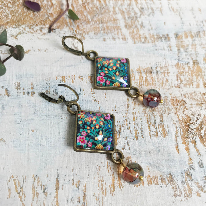 Kashmiri Art Metal Earrings With Glass Beads - Hazaara Naqashi Rhombus
