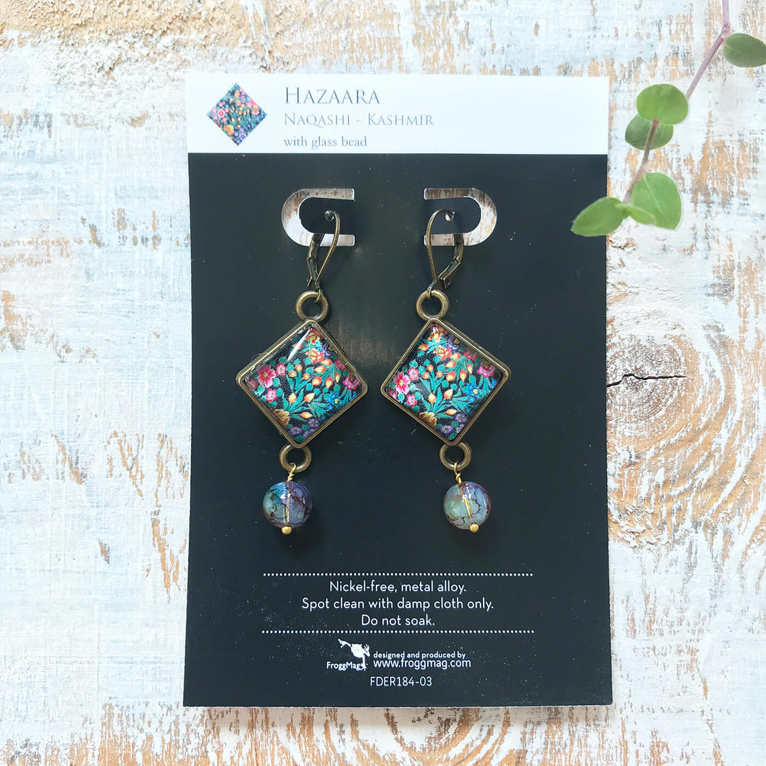 Kashmiri Art Metal Earrings With Glass Beads - Hazaara Naqashi Rhombus