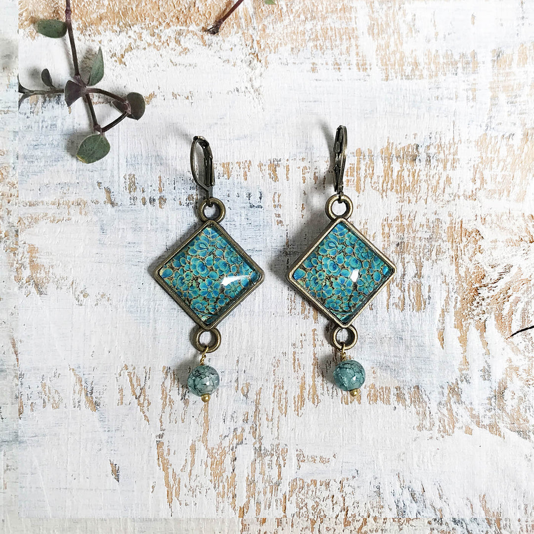 Kashmiri Art Metal Earrings With Glass Beads - Shirkha Naqashi Rhombus
