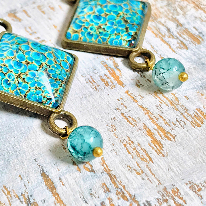 Kashmiri Art Metal Earrings With Glass Beads - Shirkha Naqashi Rhombus