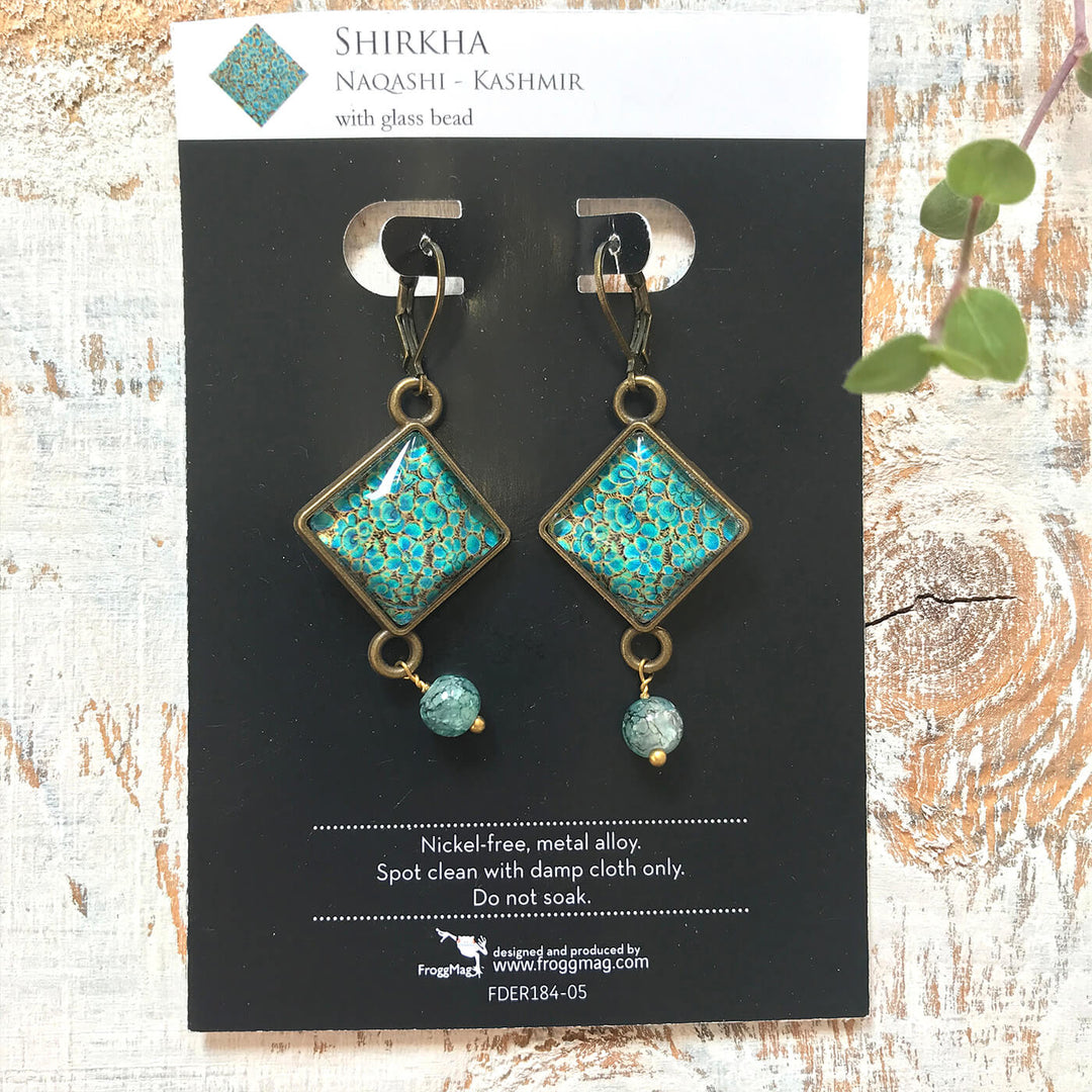 Kashmiri Art Metal Earrings With Glass Beads - Shirkha Naqashi Rhombus