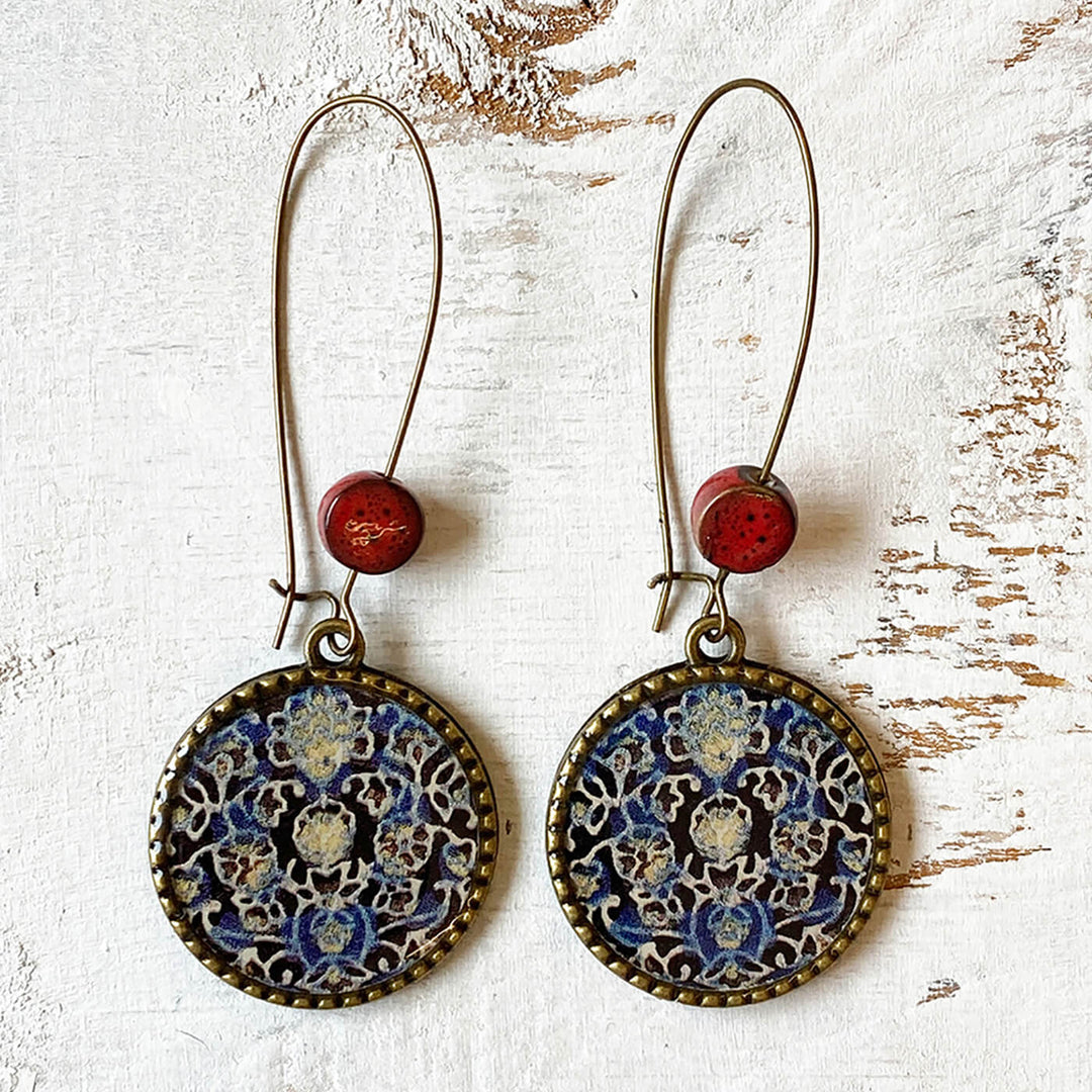 Hoop Earrings with Ceramic Bead - Blue Ajrakh Print