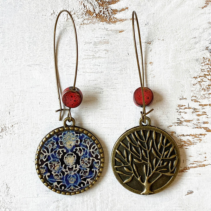 Hoop Earrings with Ceramic Bead - Blue Ajrakh Print