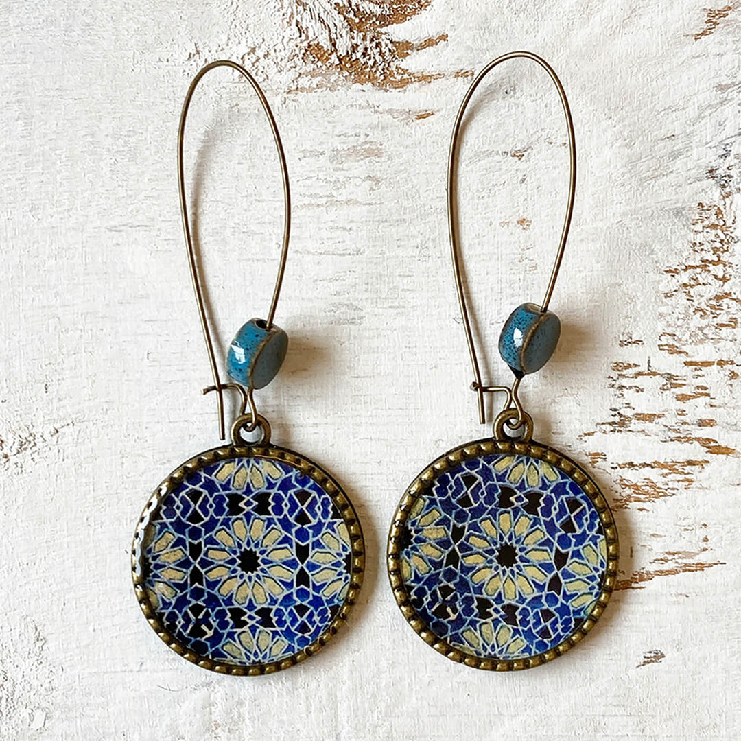 Hoop Earrings with Ceramic Bead - Blue & White Ajrakh Print