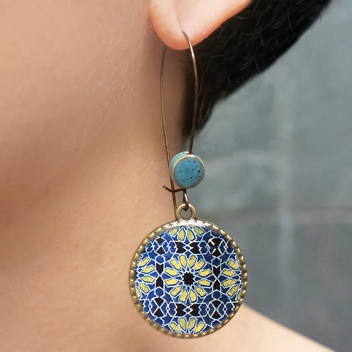 Hoop Earrings with Ceramic Bead - Blue & White Ajrakh Print