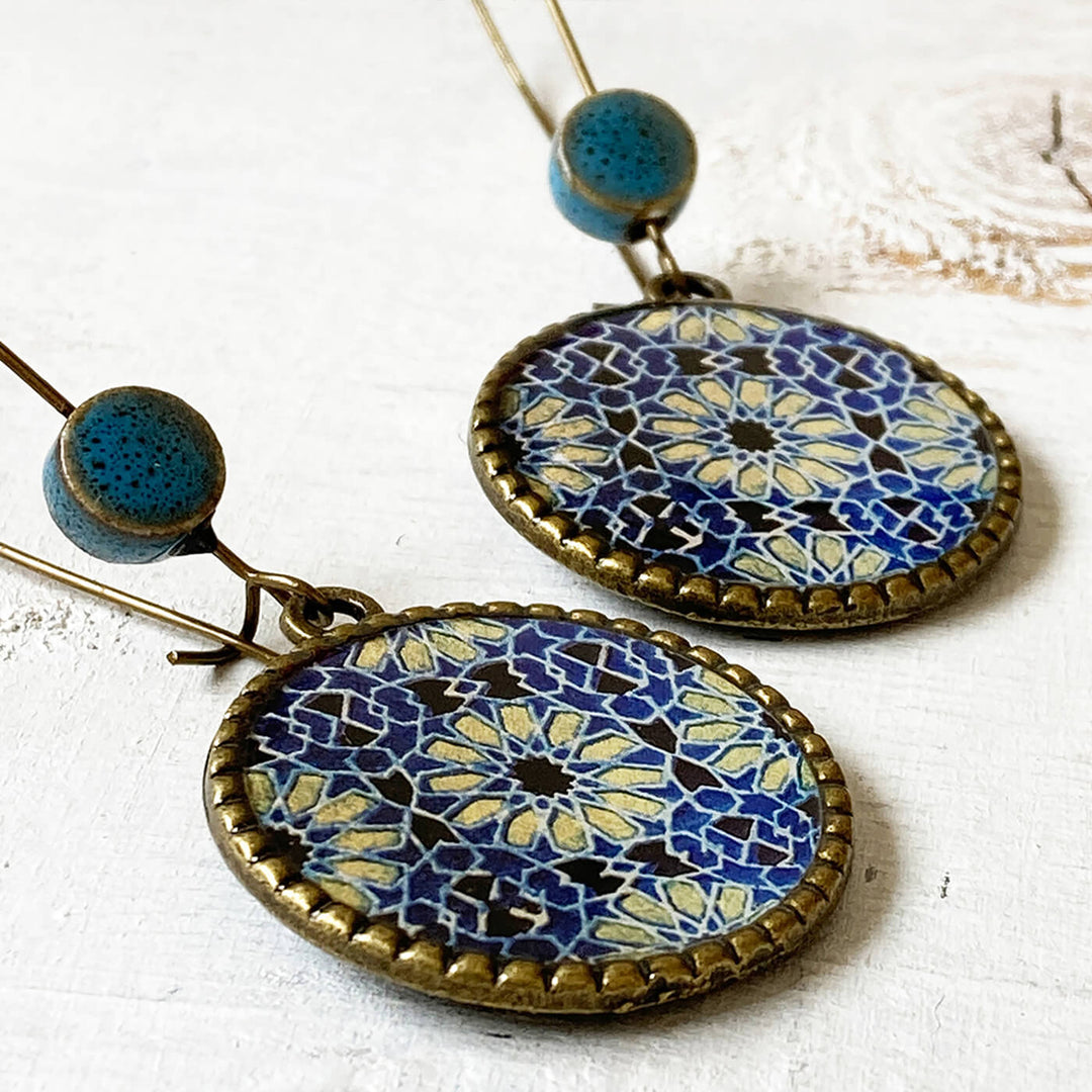 Hoop Earrings with Ceramic Bead - Blue & White Ajrakh Print - Zwende
