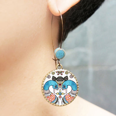 Hoop Earrings with Ceramic Bead - Kalamkari Peacock