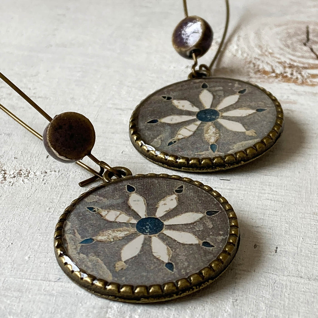 Hoop Earrings with Ceramic Bead - Inlayed Flowers