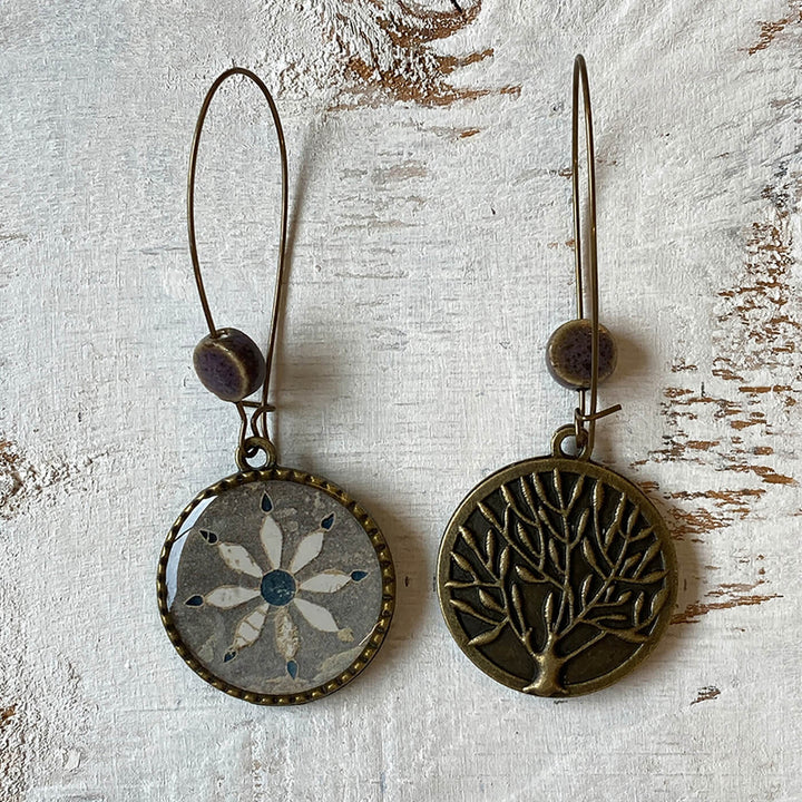 Hoop Earrings with Ceramic Bead - Inlayed Flowers