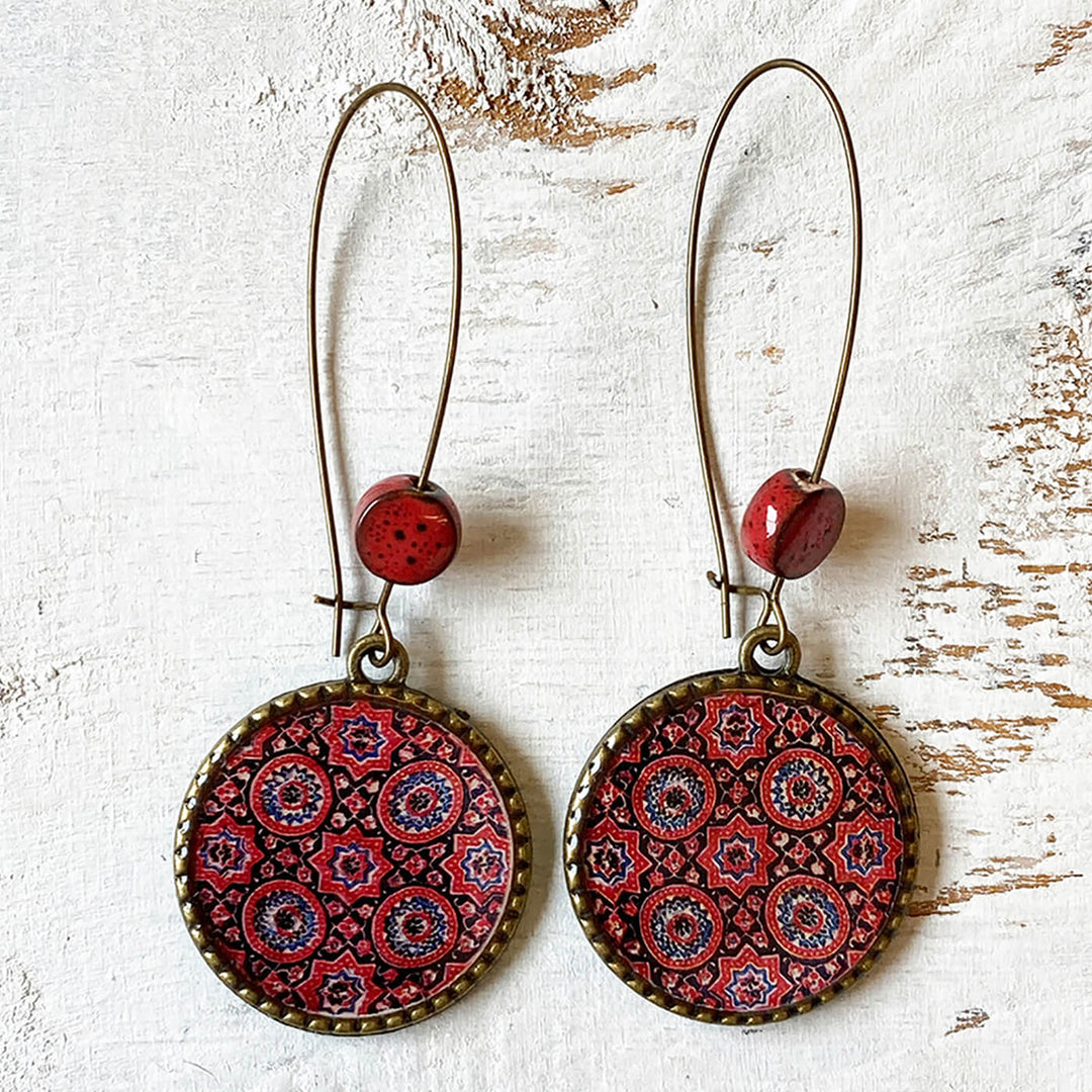 Hoop Earrings with Ceramic Bead - Red Ajrakh Print