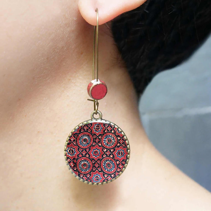 Hoop Earrings with Ceramic Bead - Red Ajrakh Print