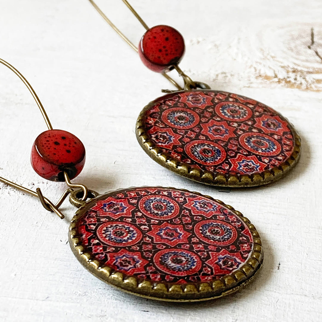 Hoop Earrings with Ceramic Bead - Red Ajrakh Print