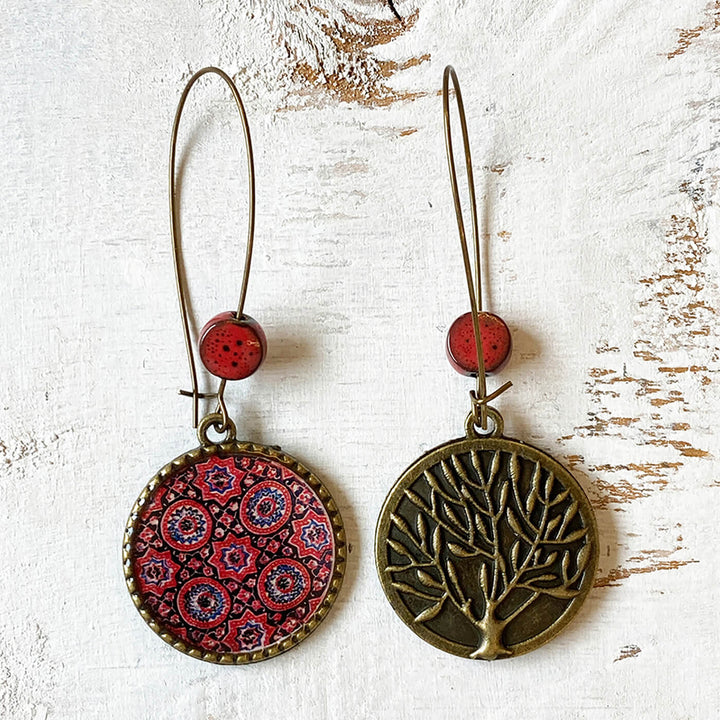 Hoop Earrings with Ceramic Bead - Red Ajrakh Print