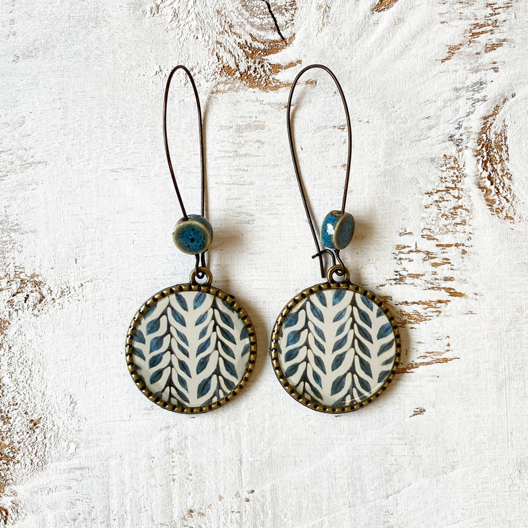 Buy Hoop Earrings with Ceramic Bead Blue Leaves Online On Zwende