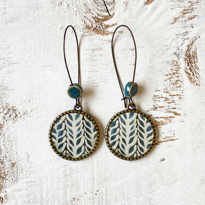Hoop Earrings with Ceramic Bead - Blue Leaves