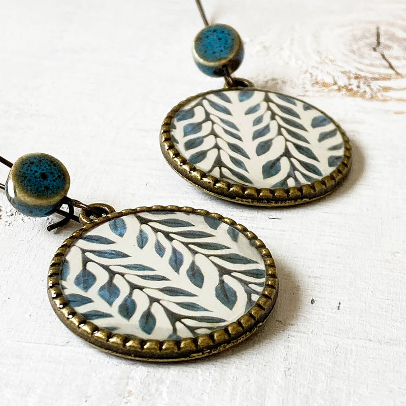 Hoop Earrings with Ceramic Bead - Blue Leaves