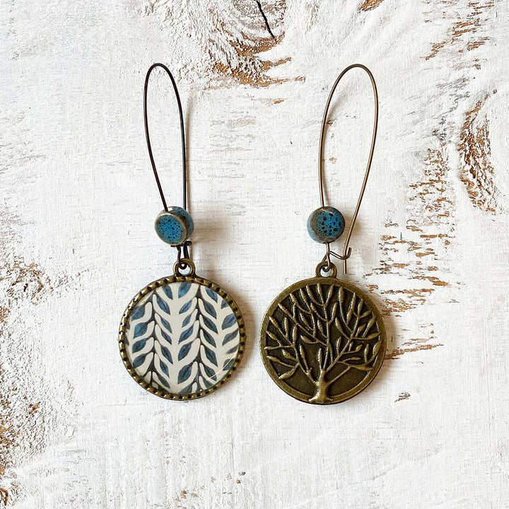 Hoop Earrings with Ceramic Bead - Blue Leaves - Zwende