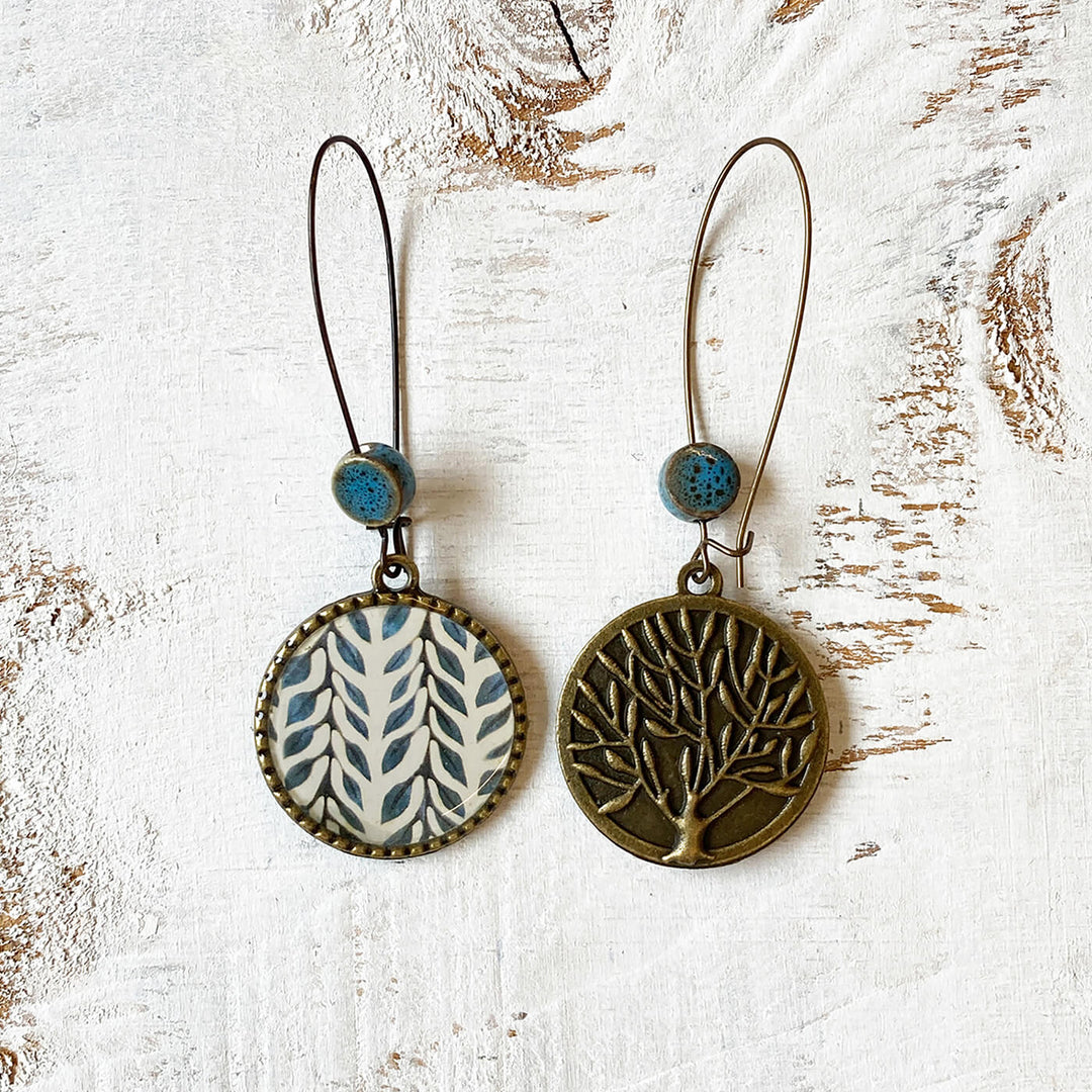 Hoop Earrings with Ceramic Bead - Blue Leaves