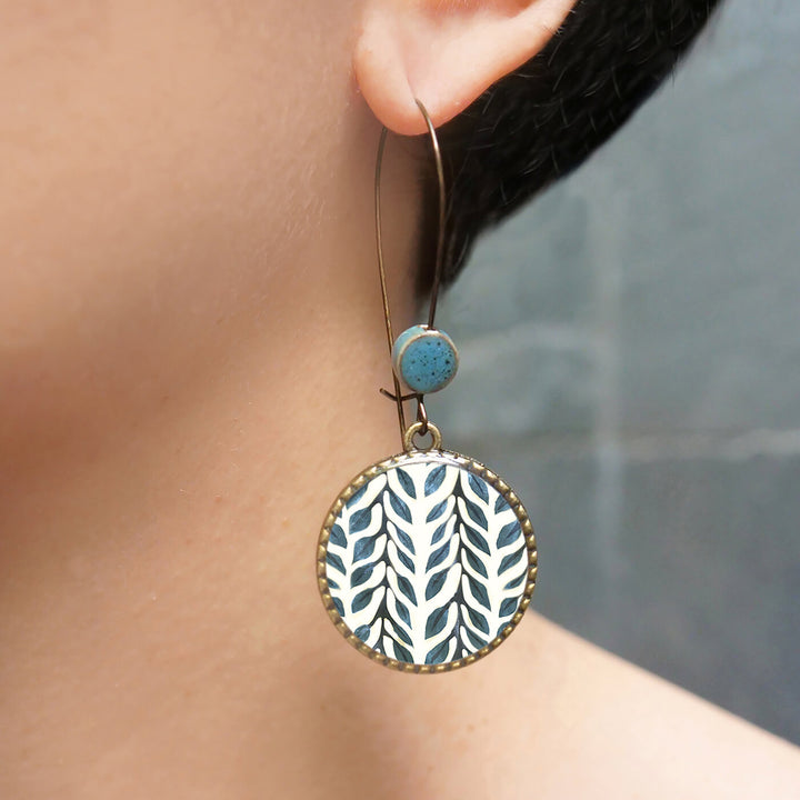 Hoop Earrings with Ceramic Bead - Blue Leaves - Zwende