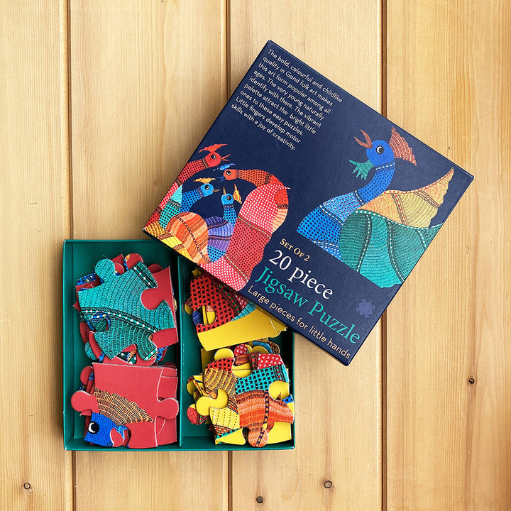 Gond Rooster and Hen - 20 Piece Jigsaw Puzzle - Set of 2