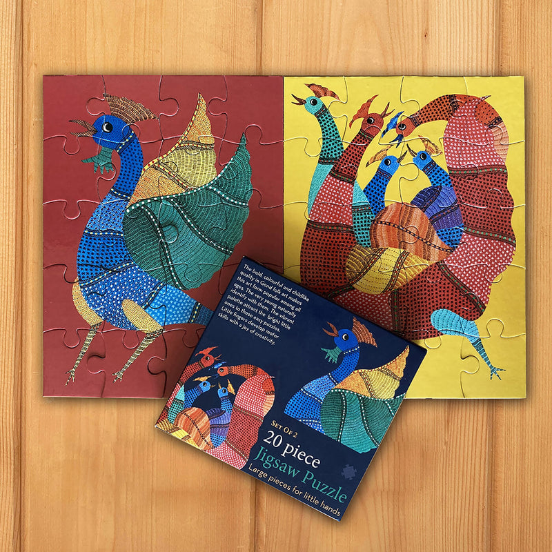 Gond Rooster and Hen - 20 Piece Jigsaw Puzzle - Set of 2