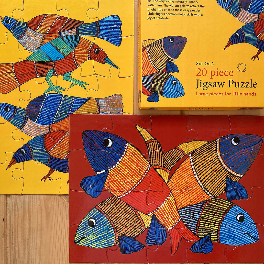 Gond Bird & Fish - 20 Piece Jigsaw Puzzle - Set of 2