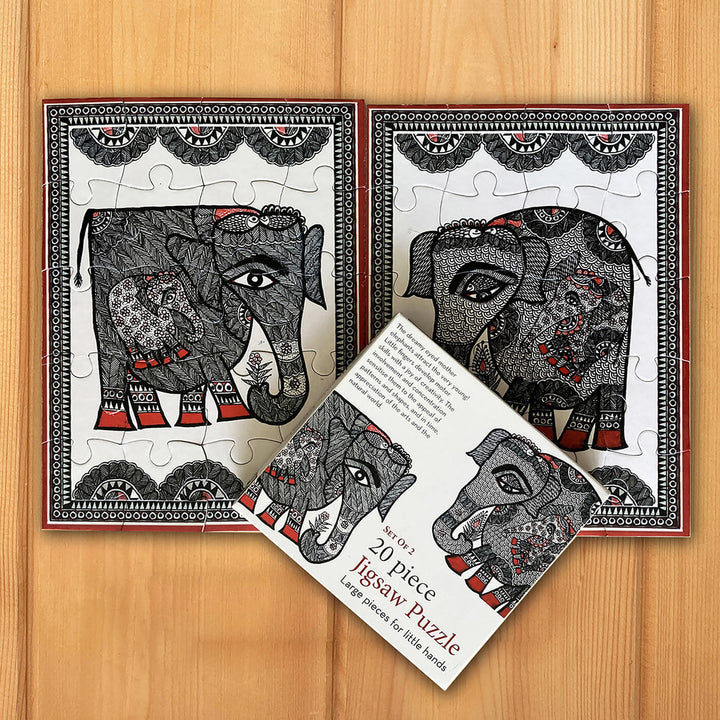 Madhubani Elephants - 20 Piece Jigsaw Puzzle - Set of 2