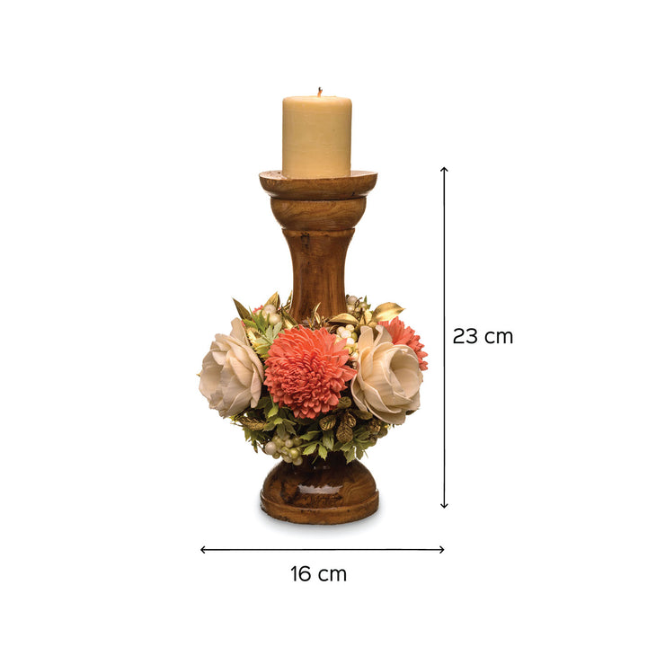 Peach Wooden Candle Holder with Sola Wood Floral Arrangement