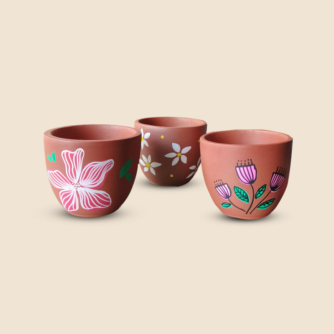 Handpainted Terracotta Flower Pop Planter Pot (Set of 3)