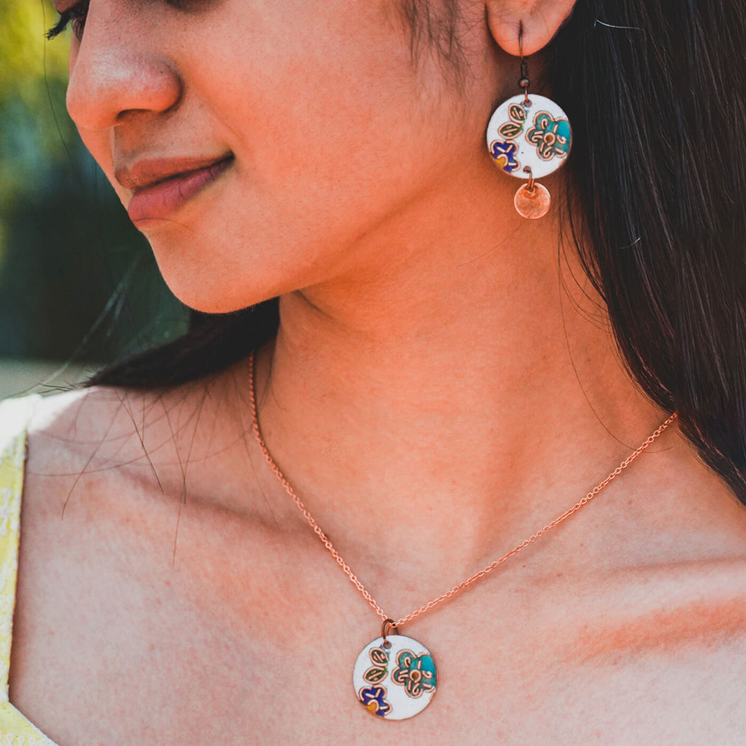 Handmade Copper Enamelled Phool Necklace and Earrings