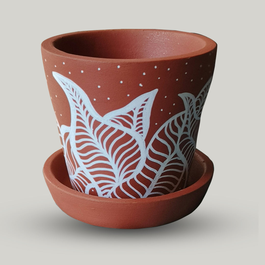 Handpainted Terracotta Foliage White Forest Planter Pot