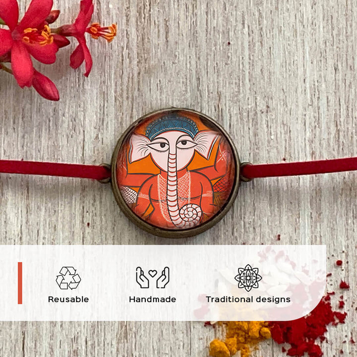 Matsya Kalighat Pat Folkart Rakhi - Close-up Front View with Overlay