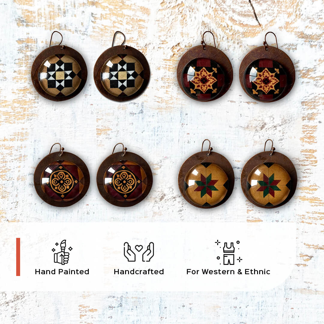 Beige Patachitra Tree Copper Earrings - Zwende