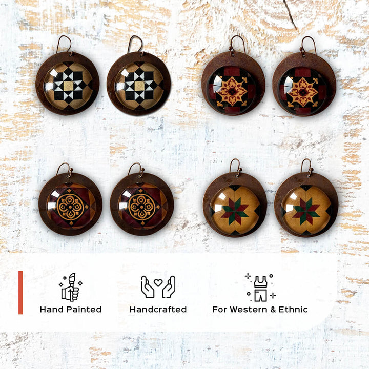 Beige Patachitra Tree Copper Earrings - Zwende