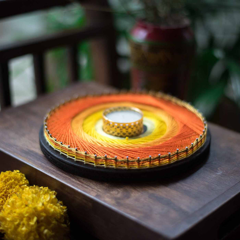 Shade of Orange Round String Art Tealight Holder