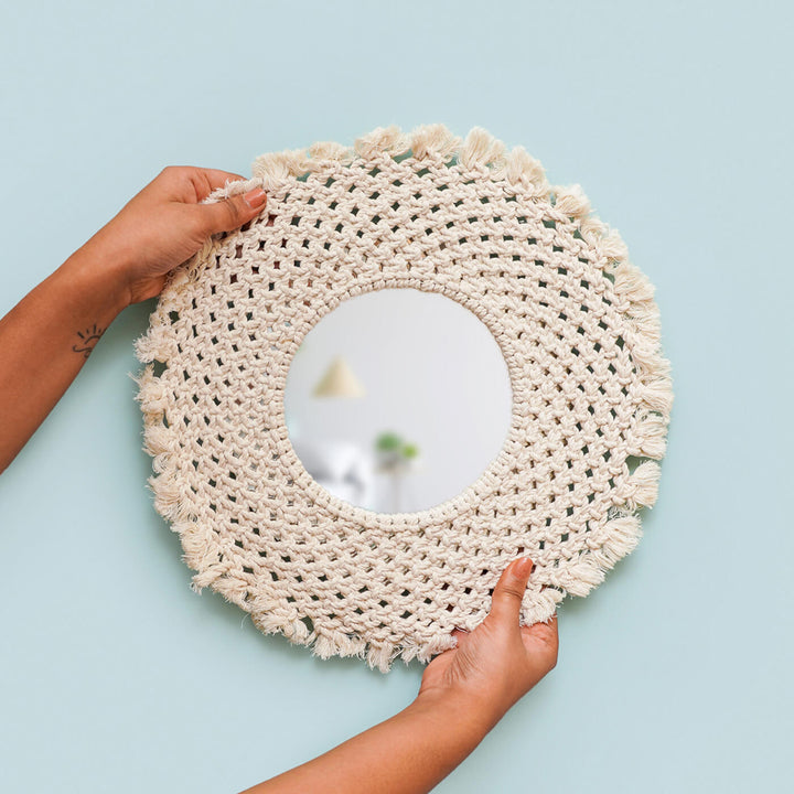 Handcrafted Round Knitted Boho Macrame Mirror | 10 inches