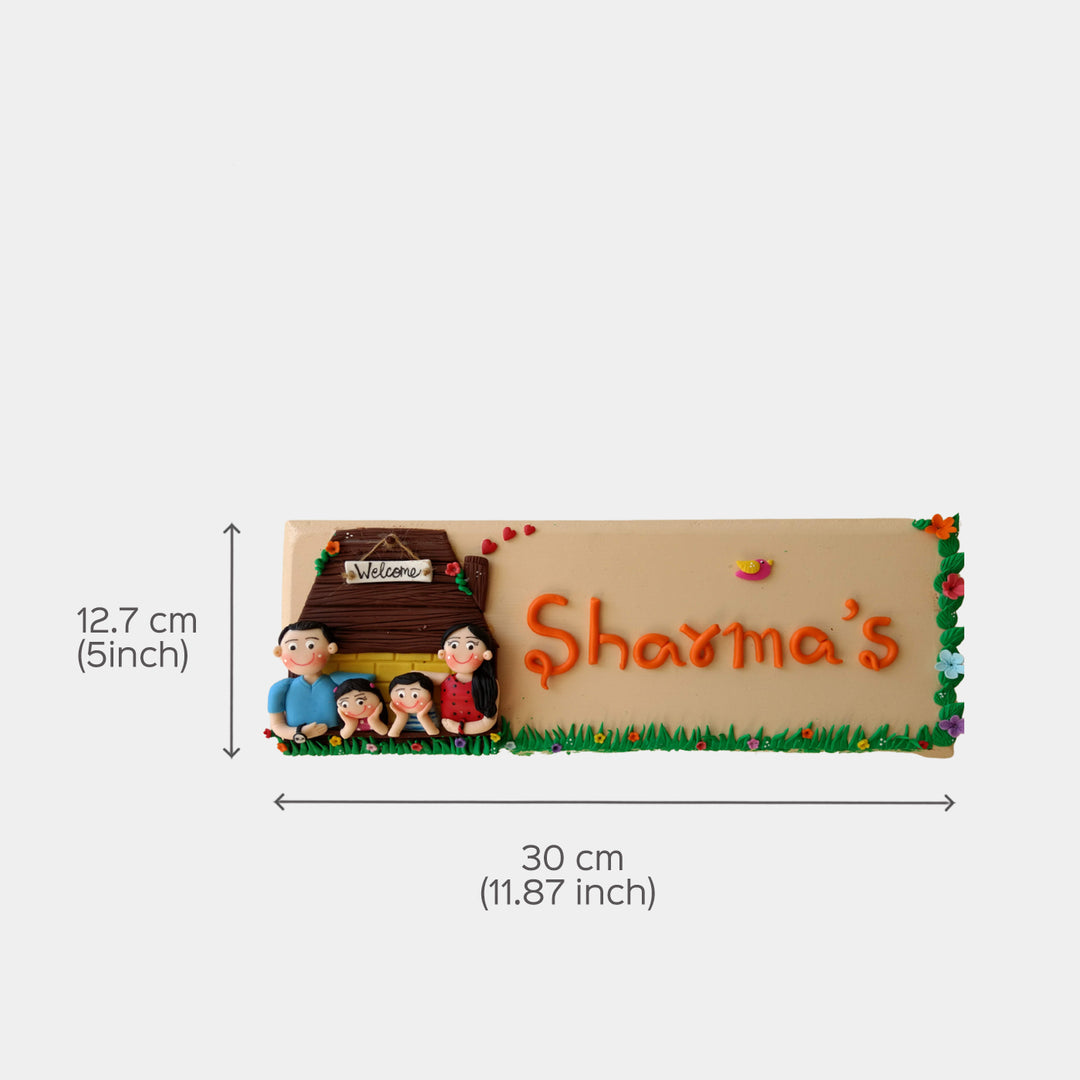 Personalised Gharonda Family Name Plate For 4 Characters - Dimension Chart with Personalization Example
