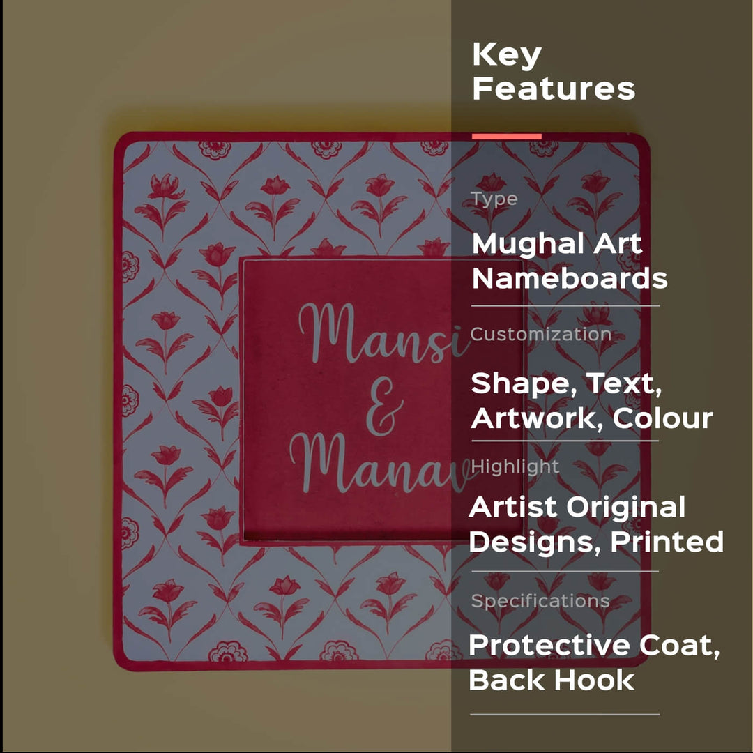 Square Printed Nameboard - Red Monochrome Flowers