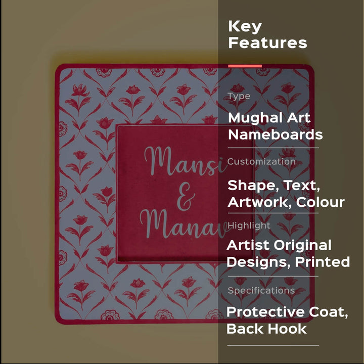 Square Printed Nameboard - Red Monochrome Flowers
