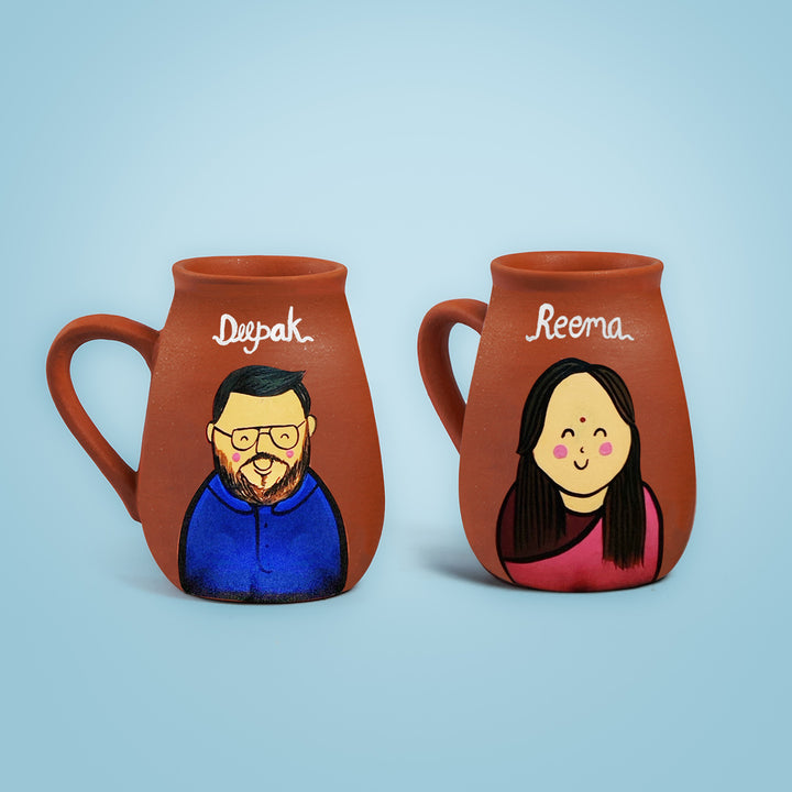 Personalised Terracotta Mugs with Photo Based Caricatures for Couples
