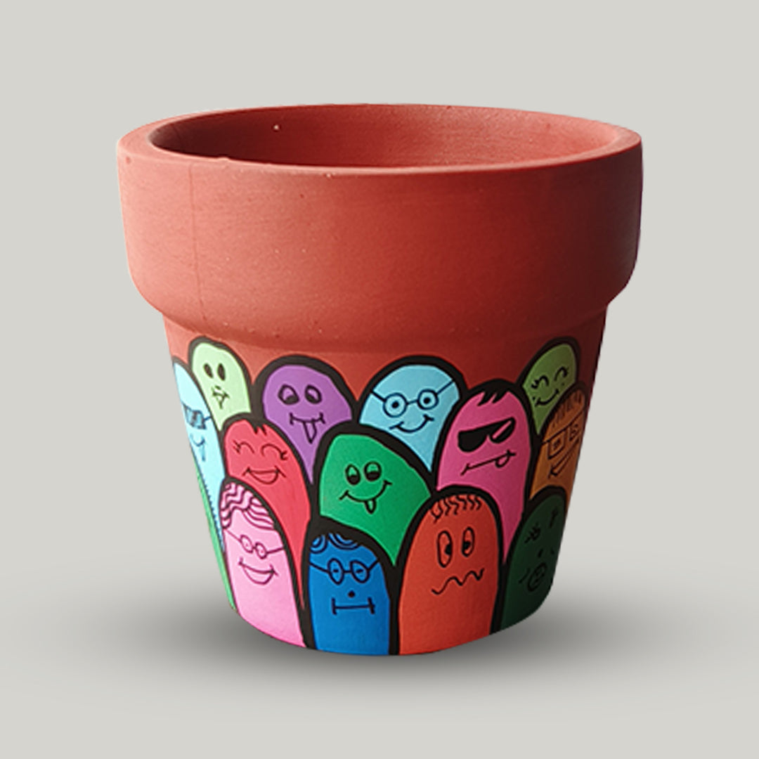 Handpainted Terracotta Happy People Planter Pot