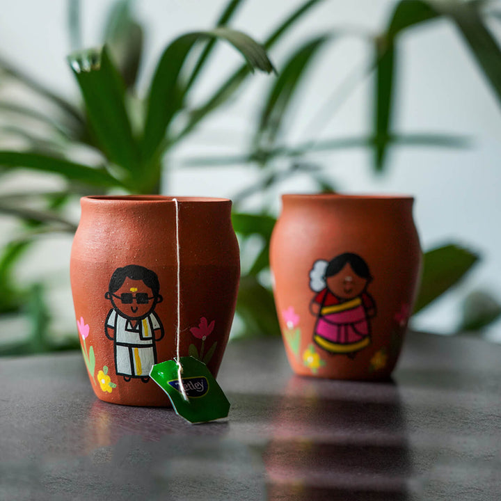 Handpainted Clay Kulhads with Regional Characters For Couples & Wedding Gifts