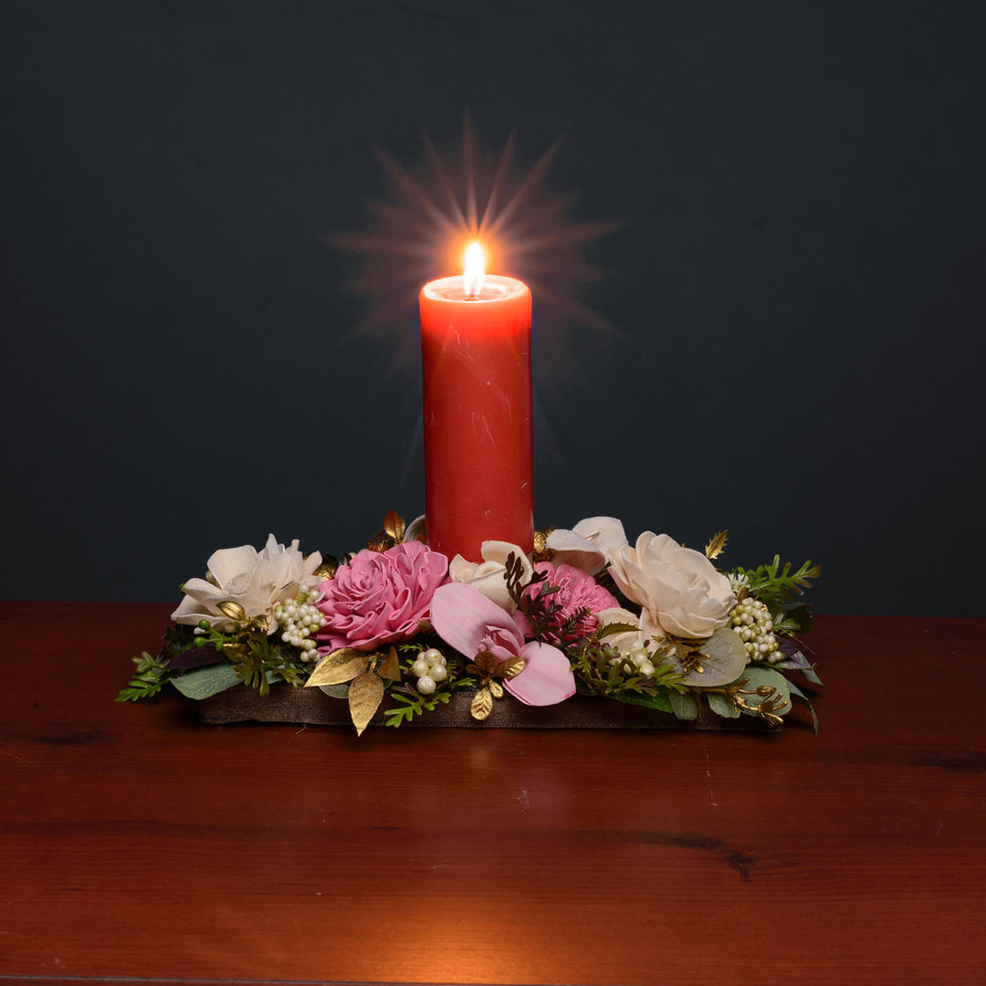 Handmade Heaven'S Gift Candle Holder With Sola Wood Floral Arrangement
