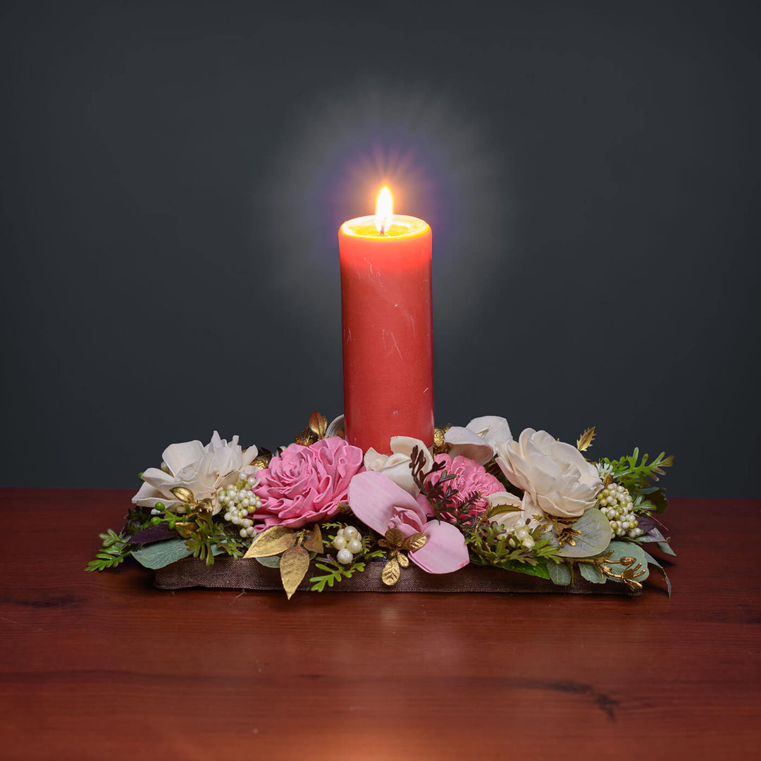 Handmade Heaven'S Gift Candle Holder With Sola Wood Floral Arrangement