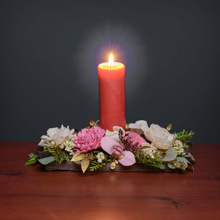 Handmade Heaven'S Gift Candle Holder With Sola Wood Floral Arrangement