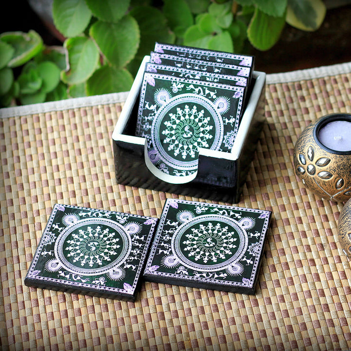 Decoupage Pine Wood Warli Coasters | Set of 6