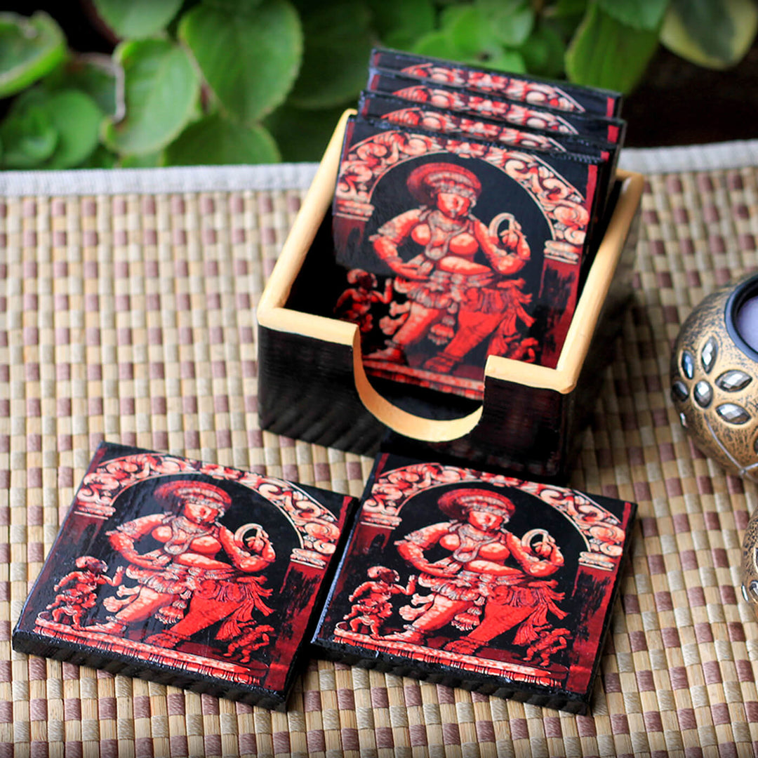 Decoupage Pine Wood Ajanta Coasters | Set of 6