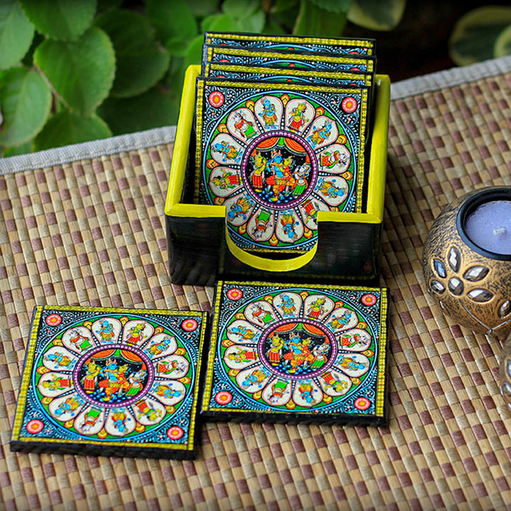 Decoupage Pine Wood Pattachitra Coasters | Set of 6