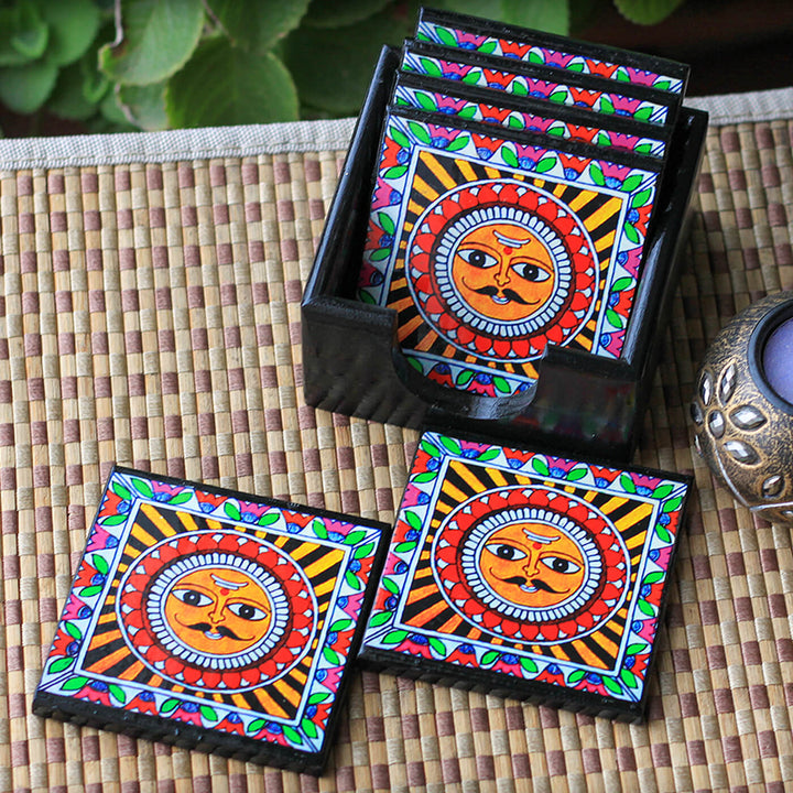 Decoupage Pine Wood Madhubani Sun Coasters | Set of 6