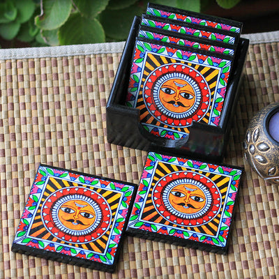 Handpainted Pine Wood Madhubani Sun Coasters | Set of 6